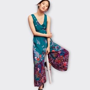 New Antrhopologie Maeve Andalusia Jumpsuit Teal Floral Wide Leg M 6 Boho Dressy